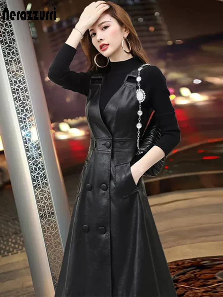 Casual Dresses Nerazzurri Summer Long Black Pu Leather Dress Women Strap Midi Faux Dresses For Womens Elegant Korean Fashion 230412