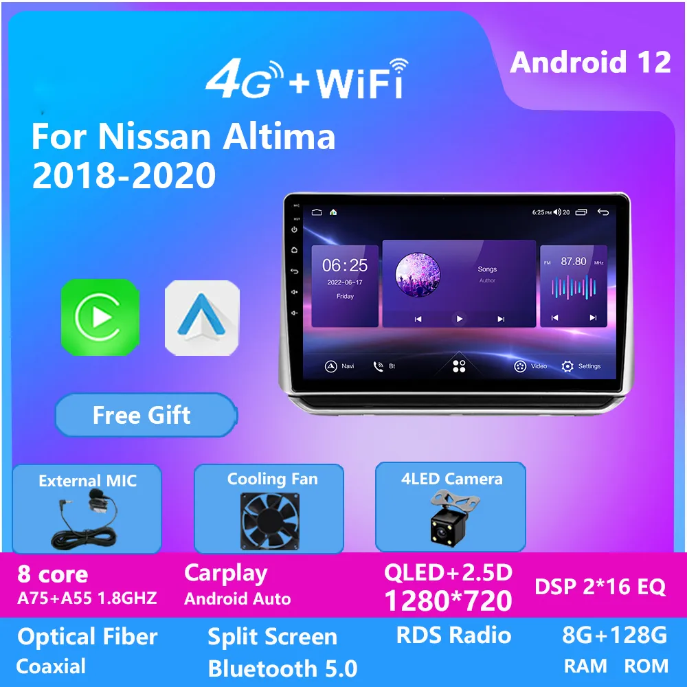 Nissan Altima 2018-2020 용 Android 12 자동차 라디오 비디오 멀티미디어 플레이어 2 DIN GPS CarPlay 스테레오 DVD 헤드 장치