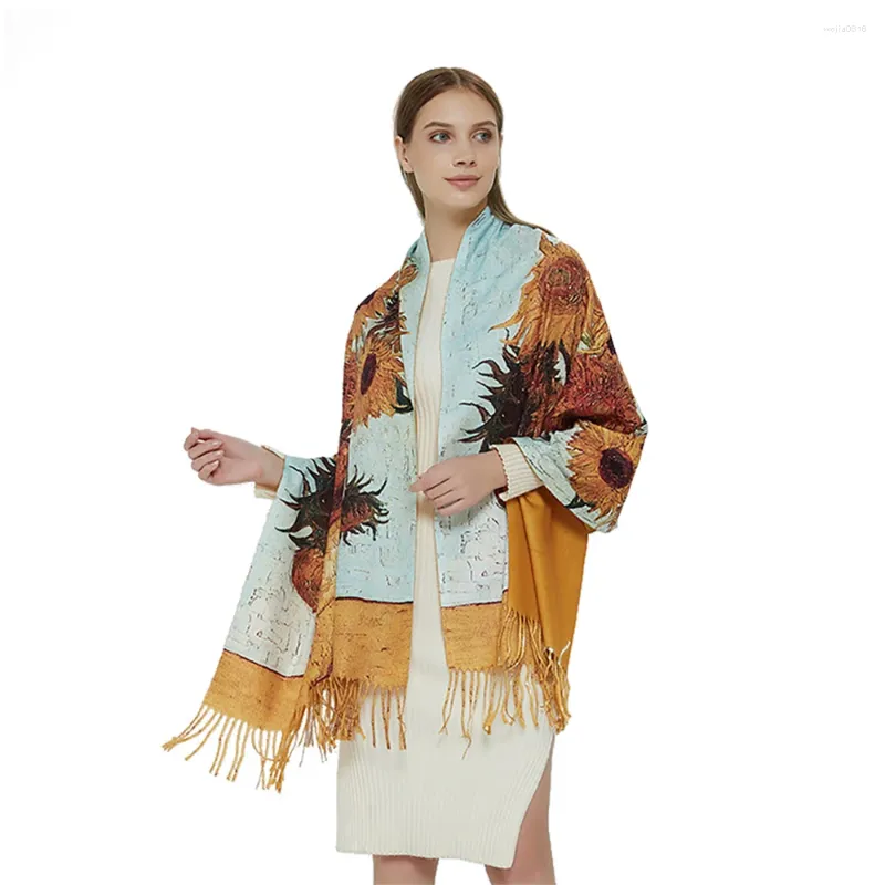 Шарфы женские осень зима ретро картина маслом стиль шарф женский кашемировый глушитель весна осень большое одеяло шаль мягкая теплая накидка