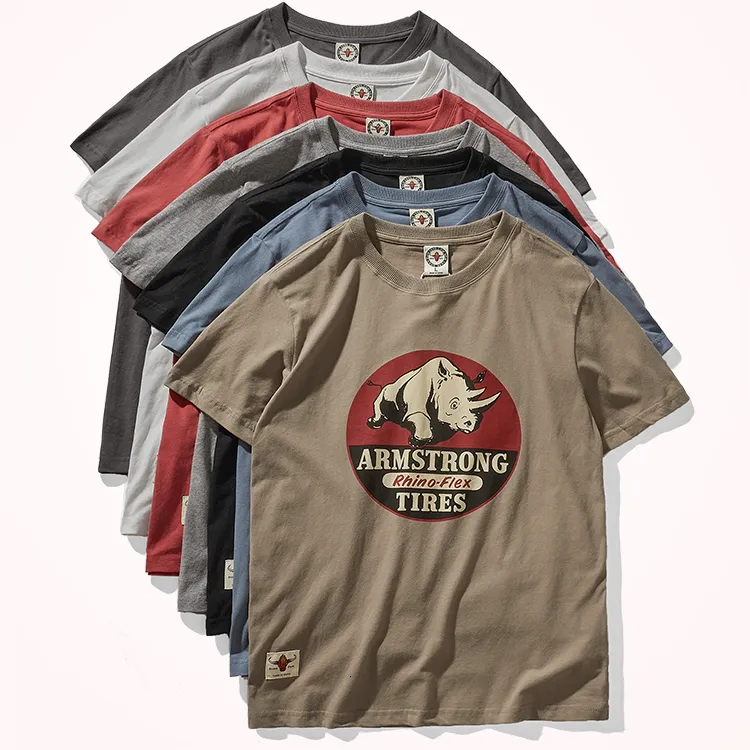 T-shirt da uomo Estate americana retrò manica corta O-Collo T-shirt stampata con rinoceronte Moda uomo 100% cotone lavato Old Loose Youth Casual Tops 230412