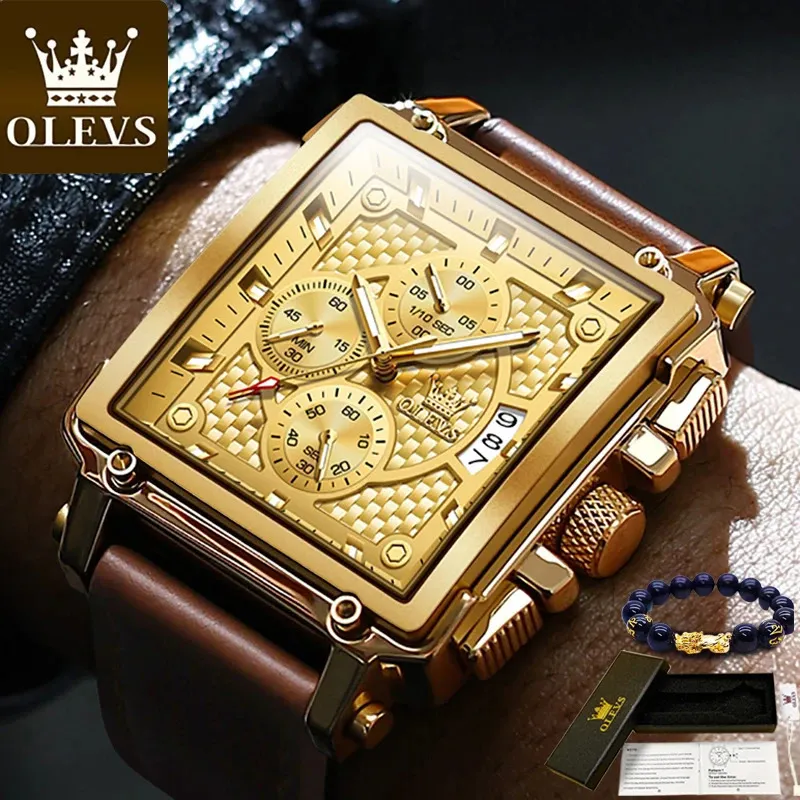 Montres-bracelets OLEVS Original montre dorée pour hommes marque de luxe en cuir militaire grand chronographe en or montres hommes Relogio Masculino 231110
