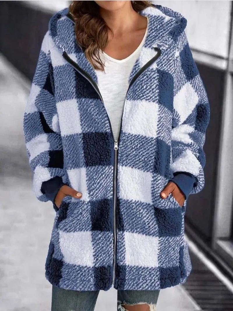 Women s Plaid Faux Fur Coat Teddy Hooded Jacket Furry Bear Plush Jacket for Autumn Winter