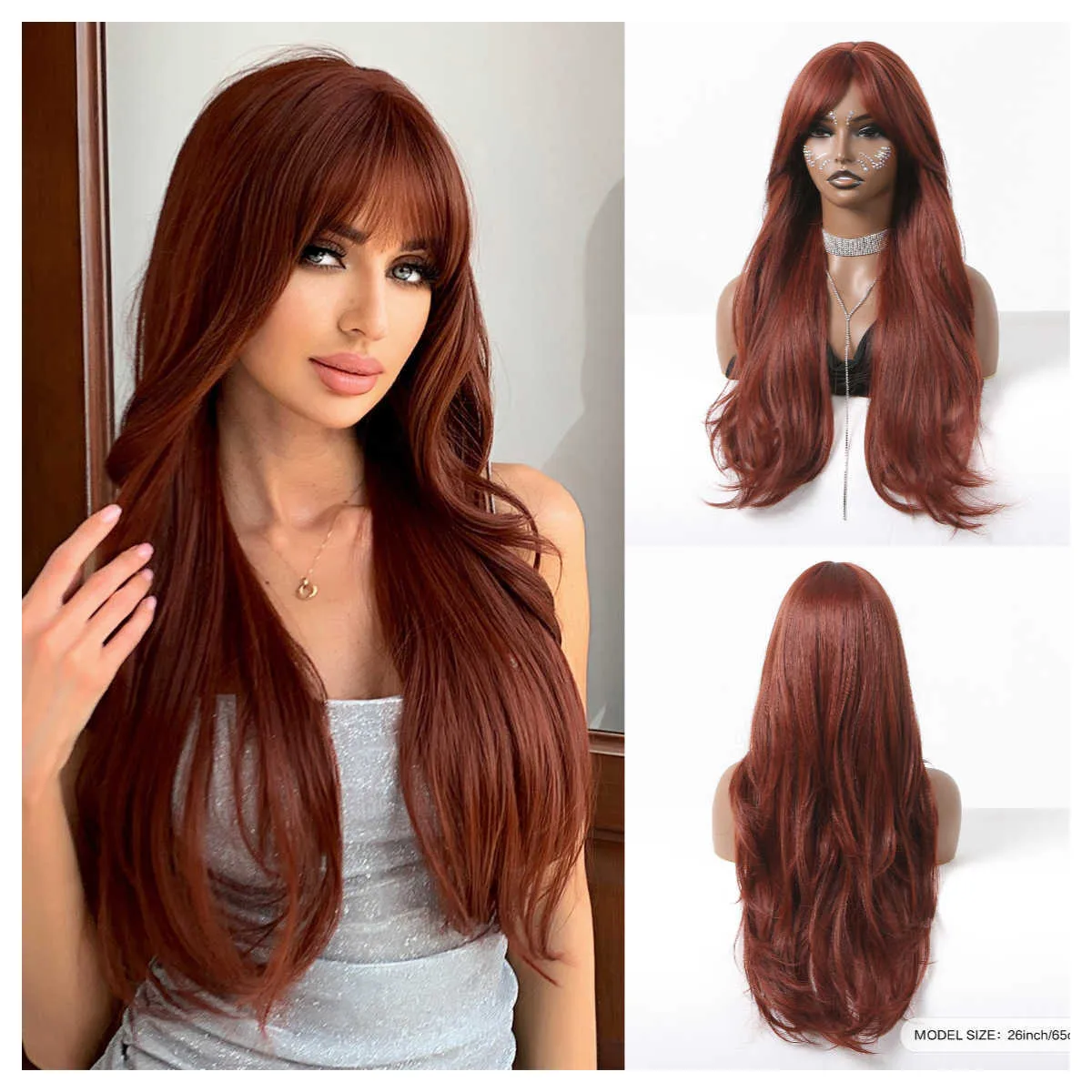 Peruca com franja vermelha cabeça marrom grande ondulado longo cabelo encaracolado conjunto completo perucas