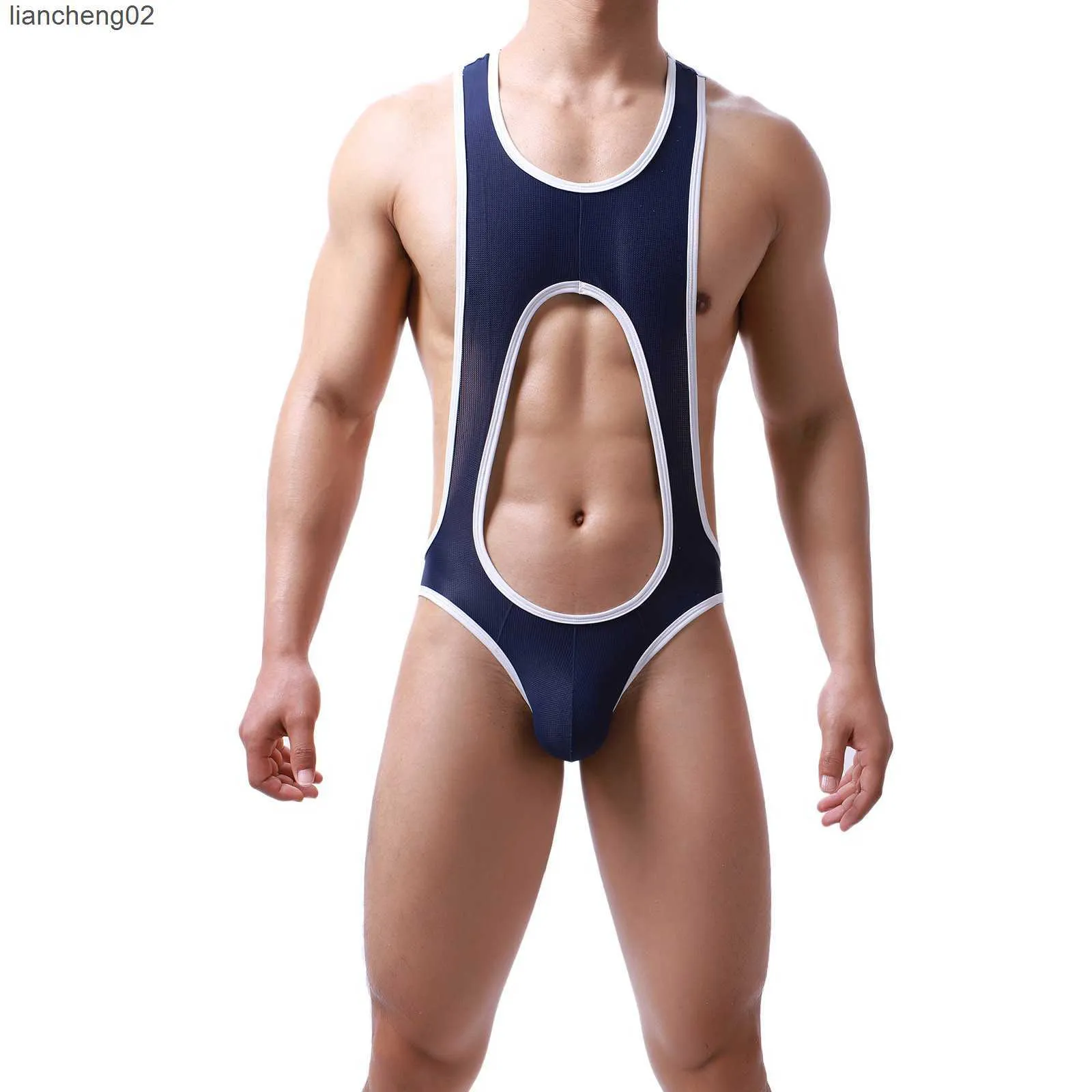 Underpants Sexy Men Undershirts Leotard Jockstrap Mesh Teddies Jumpsuits Wrestling Singlet One-piece Bodysuit Crotchless Sexy Gay Underwear W0412