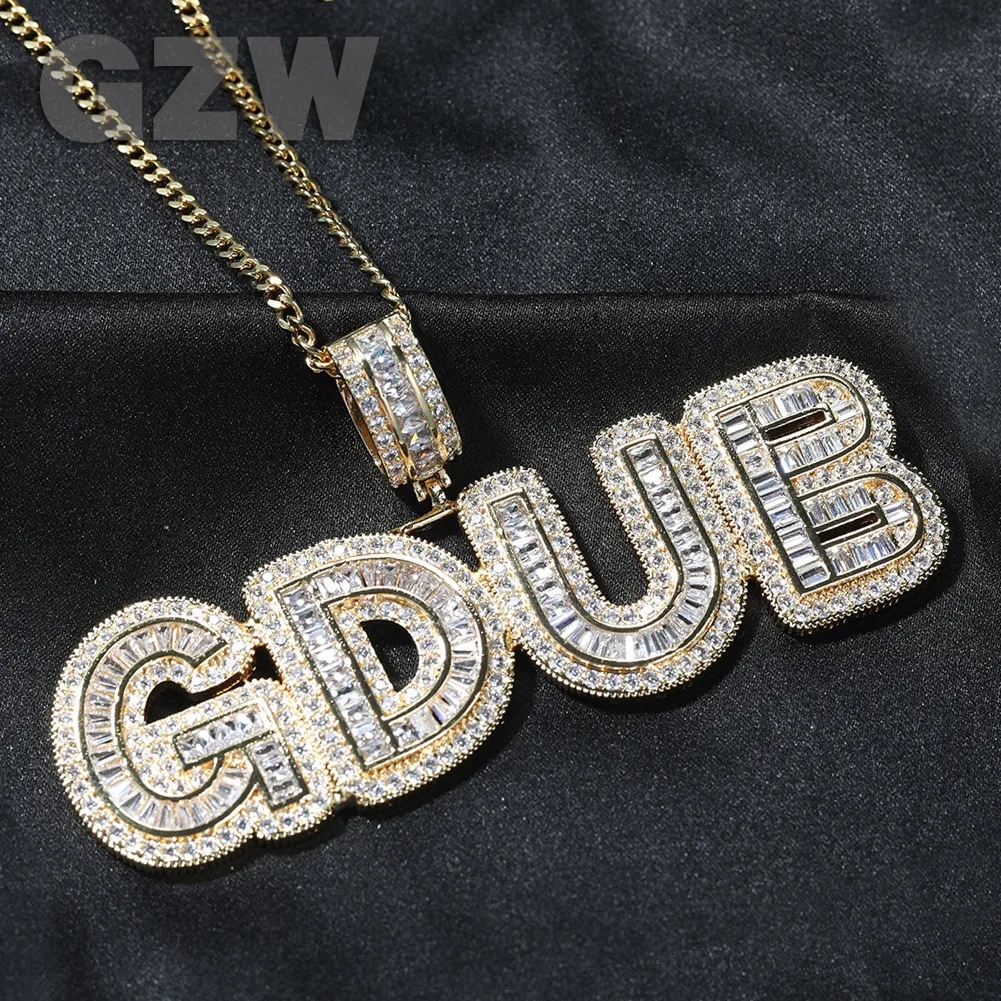 Nome inicial de letra de moda Nome personalizado Colar pingente personalizado gelado fora baguete zirconia cz 18k Real Gold Hip Hop Jóias de Aniversário DIY para homens