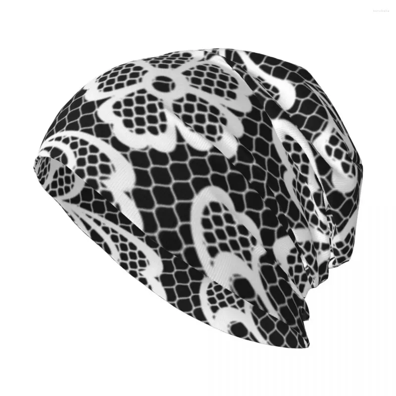 Berets Floral Black And White Lace Knit Hat Military Tactical Cap Rugby Man Women's