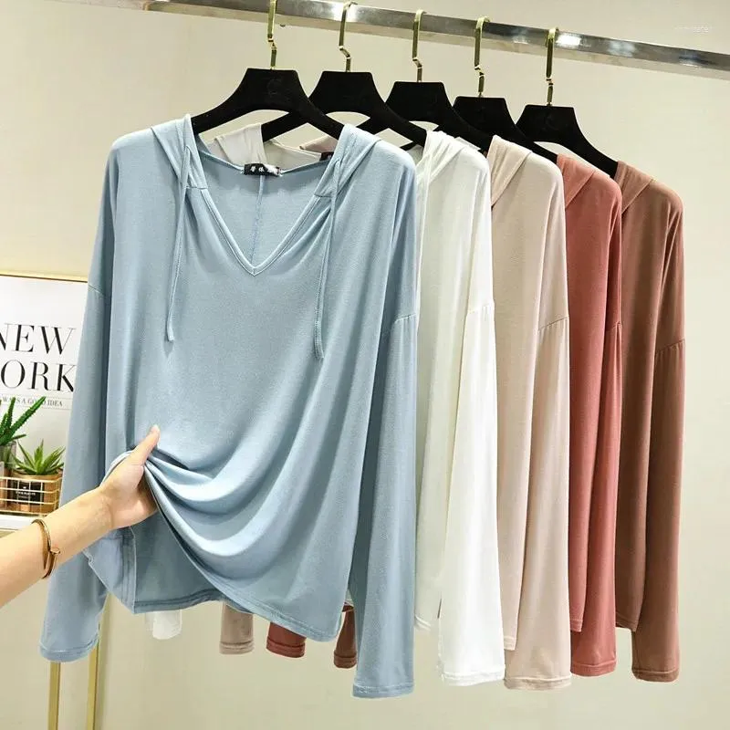 Kvinnors hoodies 2023 Summer Women Modal Thin Hooded Solid Color Long Sheeve Loose Casual Tops Tes T Shirt