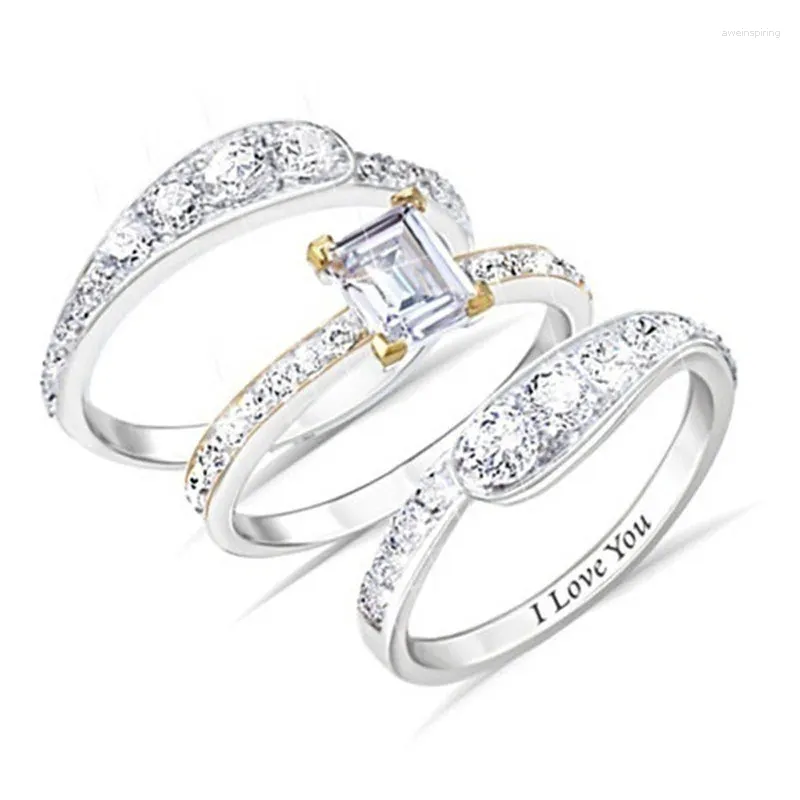 Anillos de racimo 2023 Moda para mujeres Big Gif Luxury 3pc Compromiso Shine Zircon Band Eternity Ring Ladies Wedding