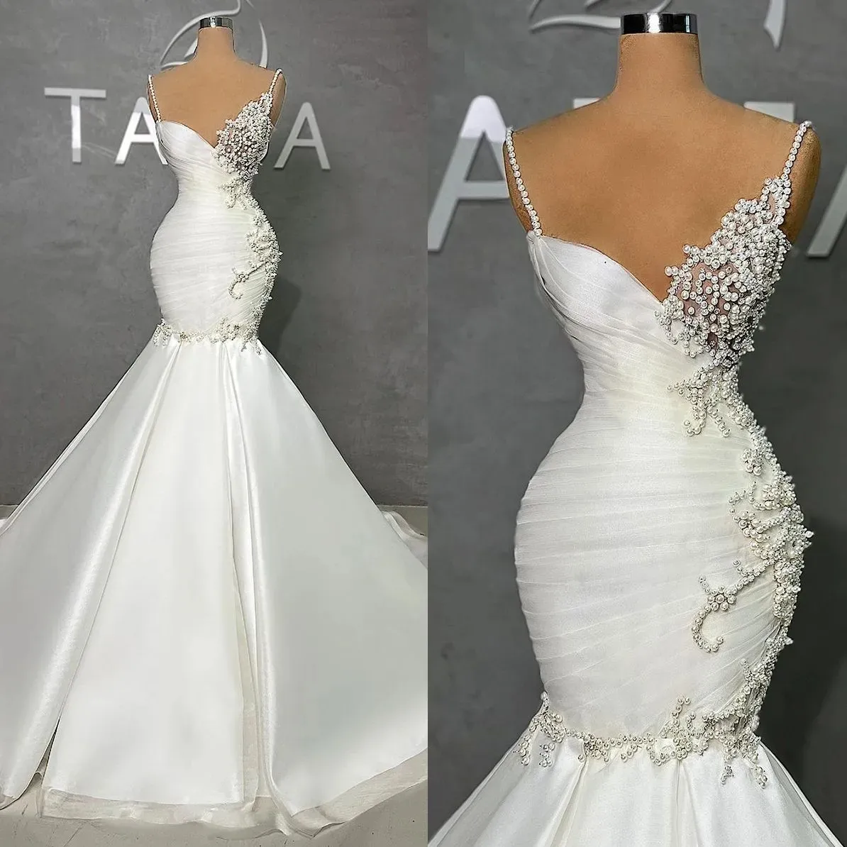 Mode Spaghettiträger Mermaid Brautkleider 2023 Sexy V-Ausschnitt Brautkleider nach Maß Perlen Perlen Kleid Vestido De Novia