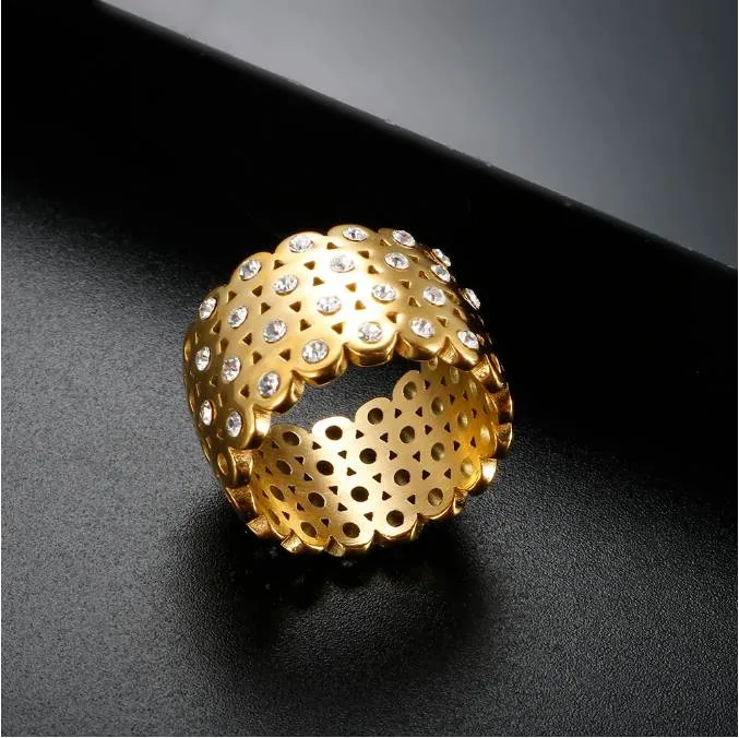 Stainless Steel Gold Color Ring For Women Fashion 12mm Width Crystal Grid Hollow Hole Charm Finger Rings Jewelry