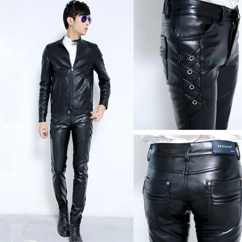 New Mens Elastic Faux Leather Pants PU Motorcycle Ridding Black Slim Fit Trousers For Male296b