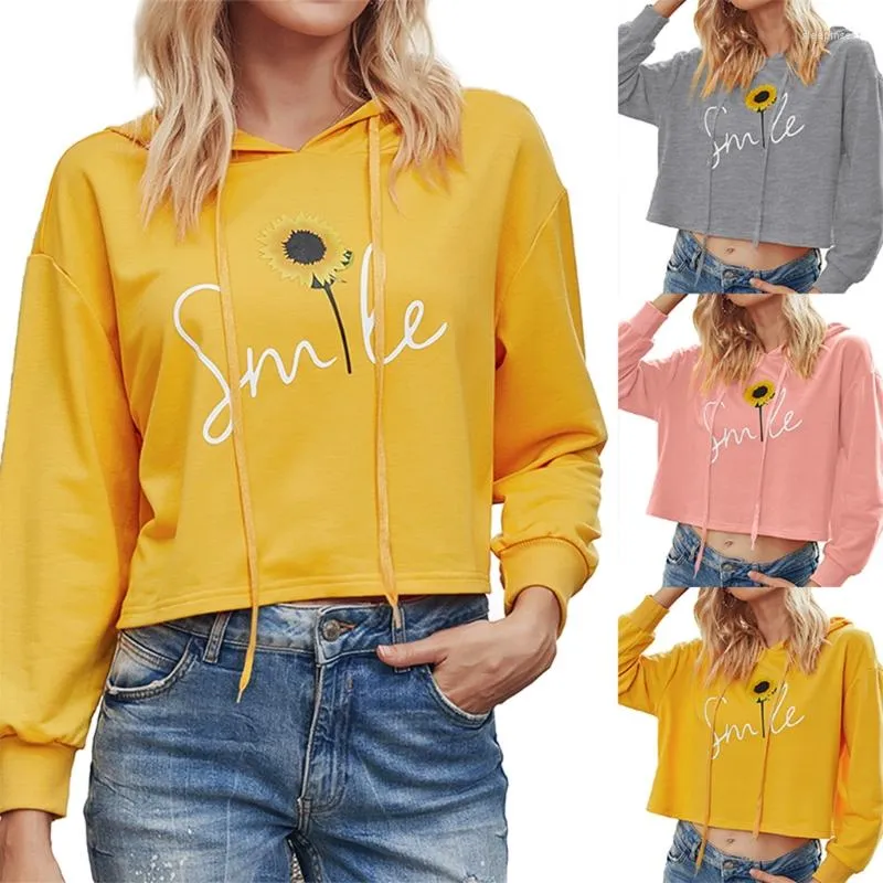 Felpe con cappuccio da donna Autunno a maniche lunghe con coulisse Lettere sorridenti Felpa con stampa girasole Pullover allentato casual Crop Top