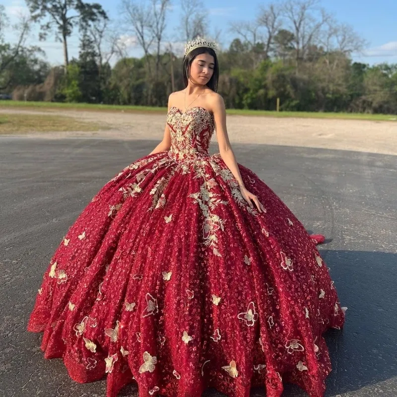 Red Sweetheart Ball Gown Quinceanera Dresses Gold Applique Bow Crystal Beading Off the Shoulder Ribbons Corset Vestido De 15 Anos