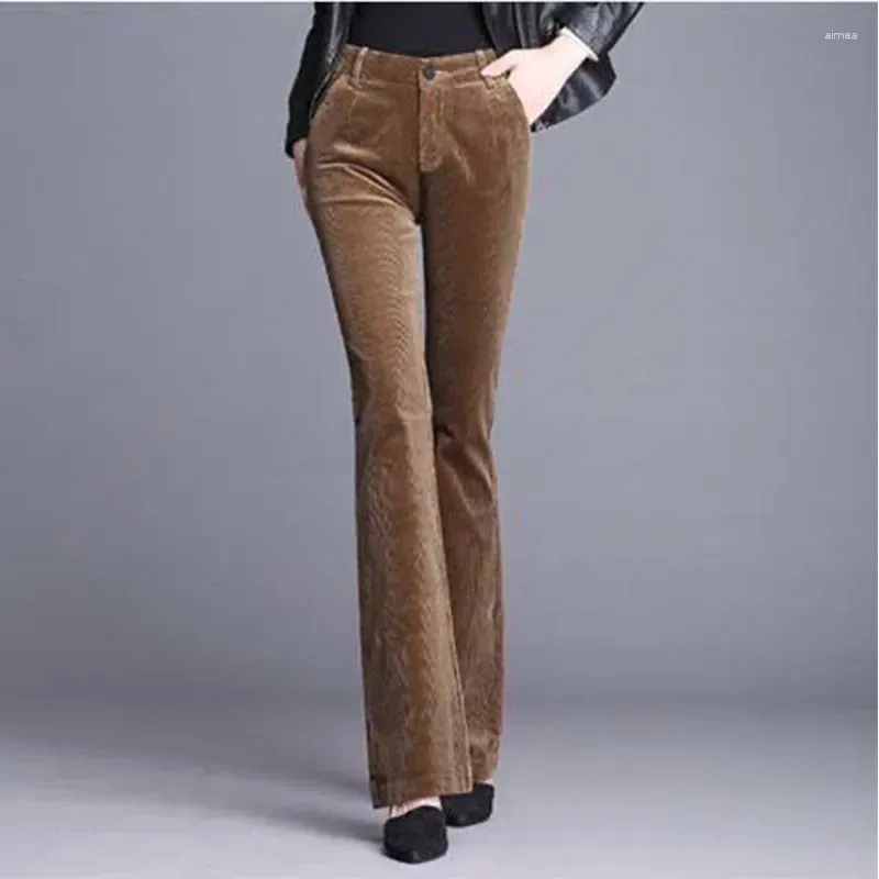 Damenhosen Koreanische Mode Frauen Slim Cord Flare Frühling Herbst Büro Dame Verdicken Vintage Hohe Taille Breite Bein Feste Hosen N56