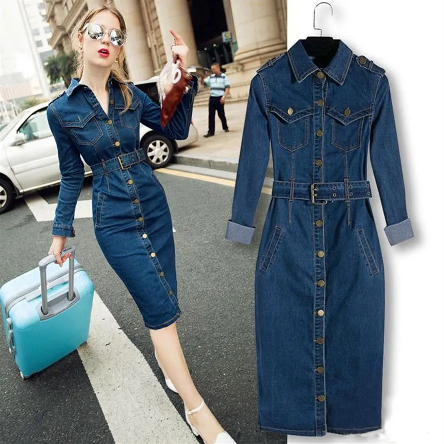 20# Women Winter Office Slim Jeans Mid-cuff Dress With Belt For Women Jeans Dress Modis Turn Down Collar Button Bodycon Dresses 20268M