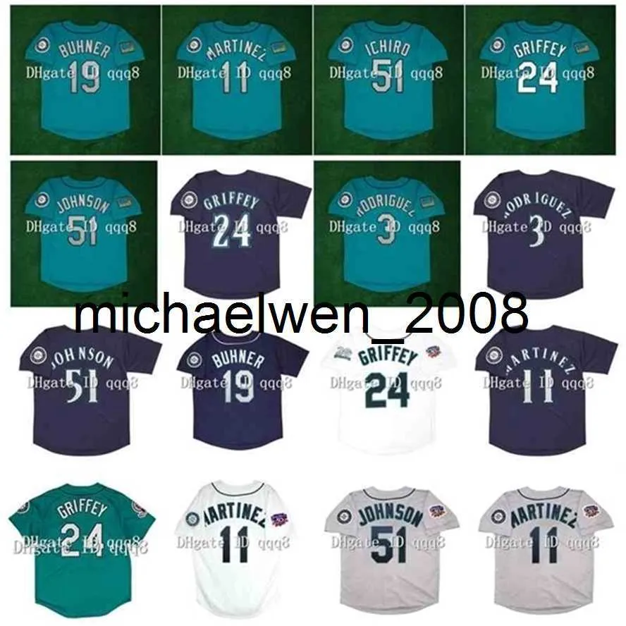 1994 1997 Retro 24 Maglia Ken Griffey Jr. 3 Alex Rodriguez 19 Jay Buhner 51 Ichiro 11 Edgar Martinez Cucita Verde Bianco Grigio