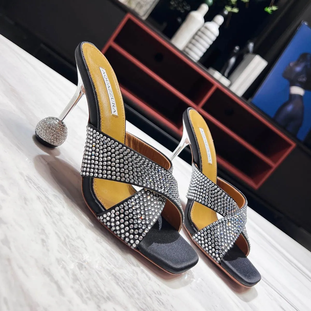 Yes Darling rhinestones Mule slides sandals cross Silver disico ball heel open toe shoes women's luxury designer leather outsole evening shoes 10cm factory footwear