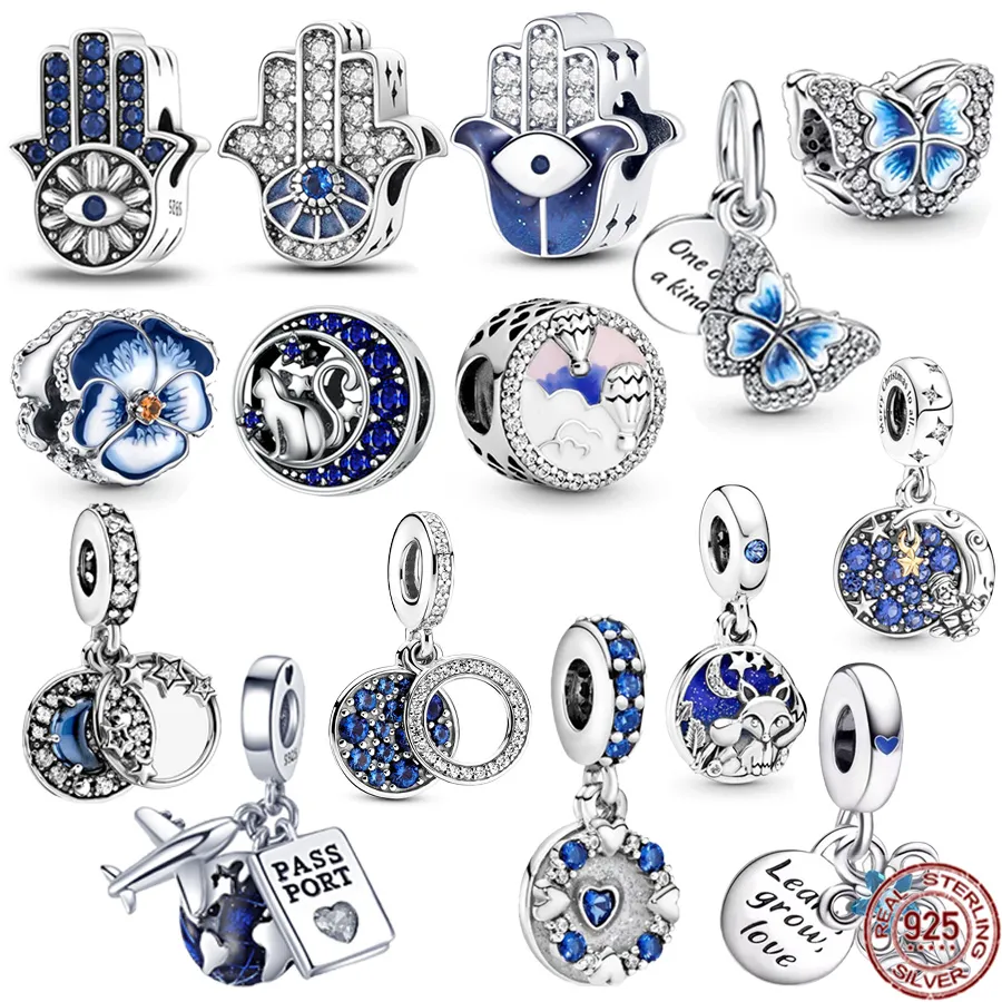 925 Sterling Silver Blue Devil's Palm Eye Charm obserwacja księżyca Fox Butterfly Dangle biżuteria koralik Fit oryginalna bransoletka Pandora