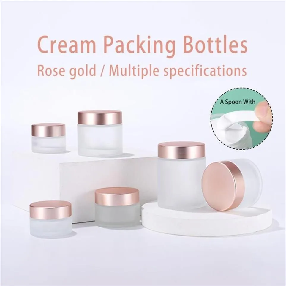 Bouteilles de stockage Pots Pot de crème en verre givré clair Conteneur cosmétique 5g 10g 15g 20g 30g 50g 60g 100g Couvercle en or rose Pot vide Re259p