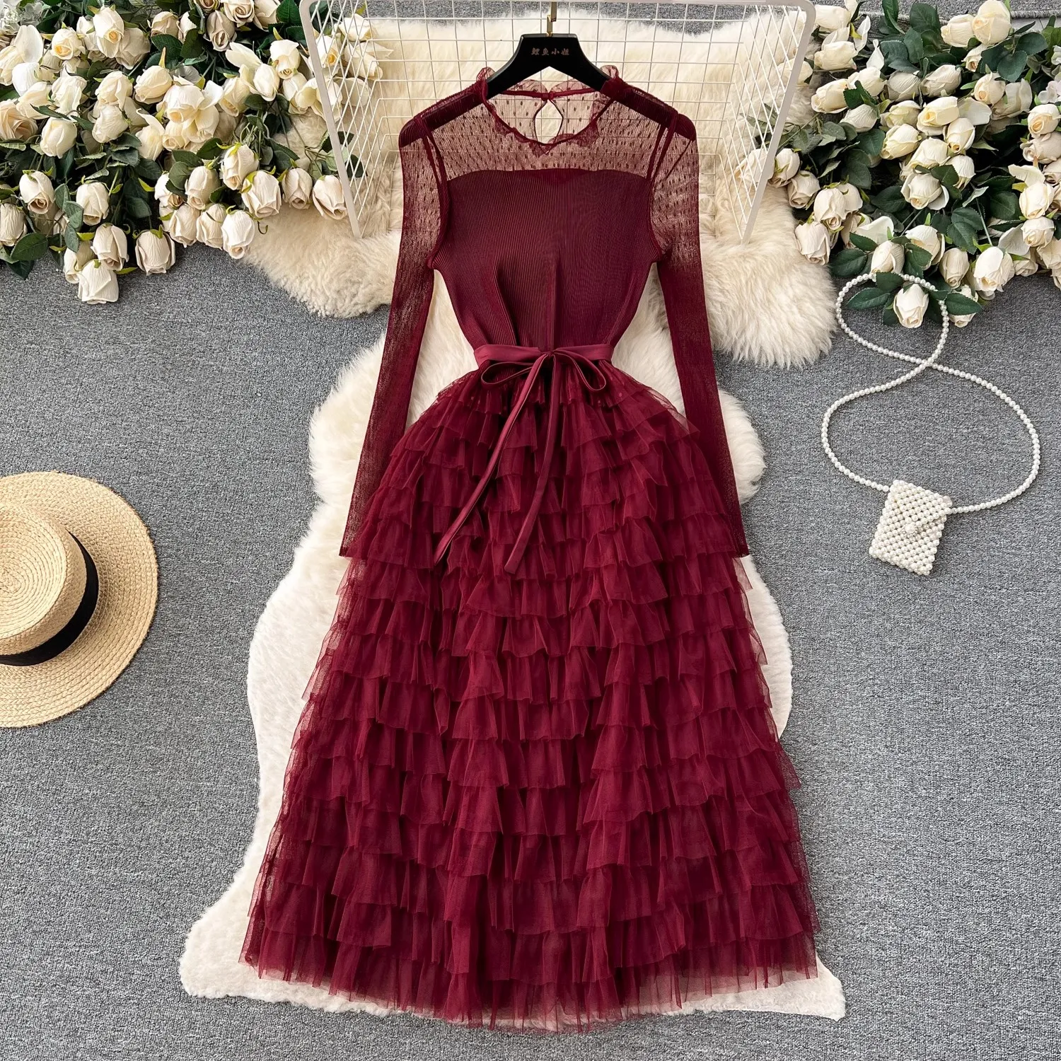 Pink Mesh Tiered Ruffles Midi Dress with Stand Collar and Lace-Up for  Spring Autumn Casual Women from Dhgate Basic & Casual Dresses - price 46.21