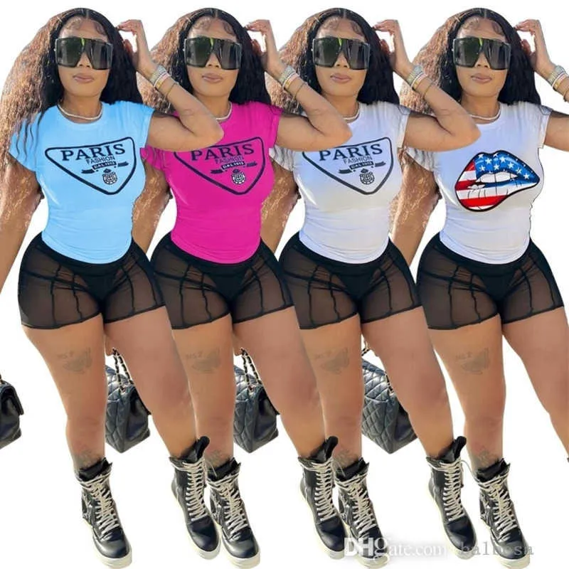 Fatos de treino femininos calças curtas de yoga translúcidas fashion com estampa de letras manga curta camiseta shorts de malha perspectiva conjunto de duas peças