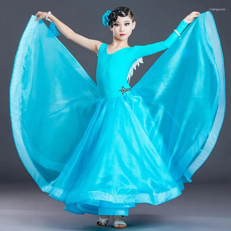 Stage Wear Blue Single Sleeve Latin Dance Dress Girls Modern Clothes National Standard Ballroom Competition Dresses SL7407