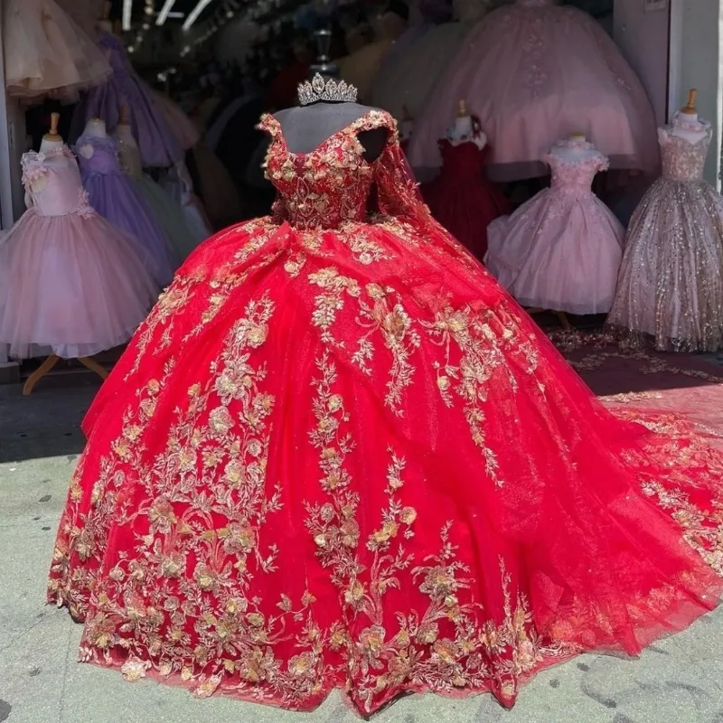 México vermelho fora do ombro vestido de baile quinceanera vestido para menina frisado 3d flores vestidos de festa de aniversário vestidos de baile doce 16