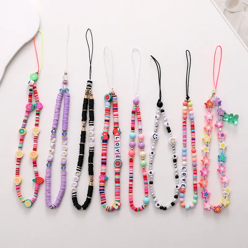 Pulseiras de charme de argila de polímero amor corrente de telefone anti-perda alças de pulso artesanal acrílico boho cordão chaveiro frisado colorido sorriso pendurado cabo universal