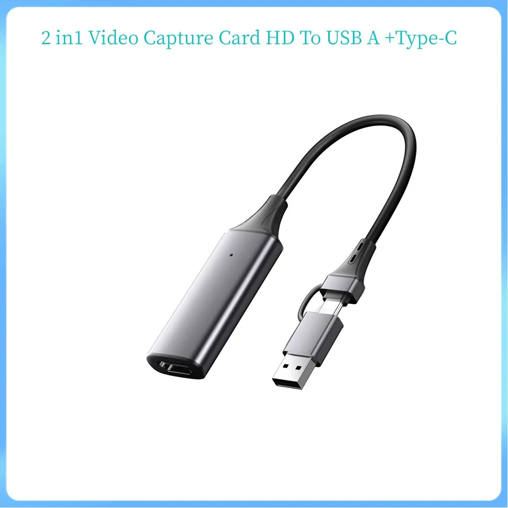 2 In1 Video Capture Card HDMI-kompatibelt till USB en typ-C-ljudvideoinspelare för PC-spelströmning Live Broadcasting