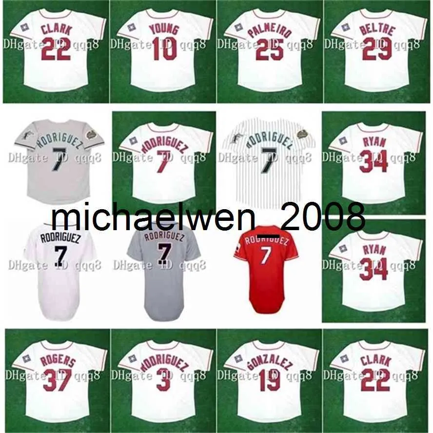 Camisas vintage Ivan Rodriguez Juan Gonzalez Adrian Beltre Rafael Palmeiro Michael Young Will Clark Alex Rodriguez Nolan Ryan Rogers