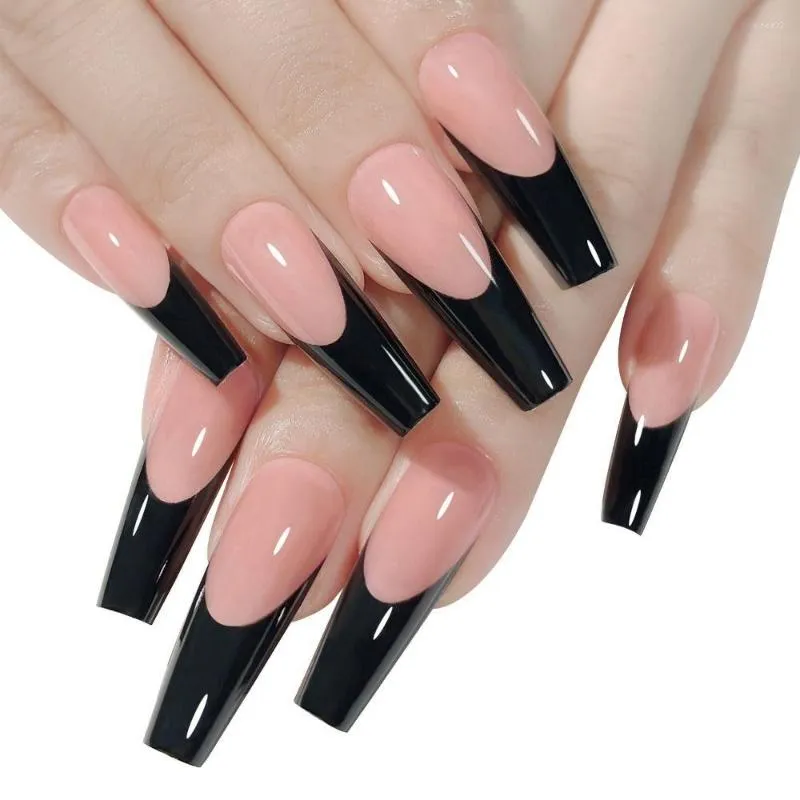 False Nails 24st Nail Tips Press On Black Edage DIY Ballerina Long French Fake