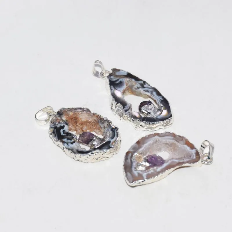 Collares pendientes 2023 Geoda natural plateada Druzy con amatistas Polaco Gris Negro Punto de corte de cuarzo crudo