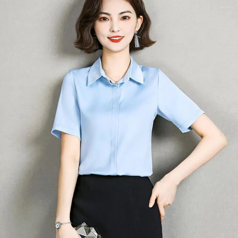 Женские блузки корейская мода Женские шифоновые рубашки летние с коротким рукавом Элегантная офисная леди отволовая атласная блуз
