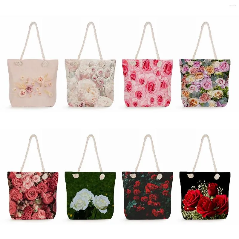 Abendtaschen, Valentinstagsgeschenk, Blumen- und Rosendruck, Handtaschen für Damen, lässige Tragetaschen, praktische Einkaufstasche mit hoher Kapazität, faltbar, für Reisen und Strand