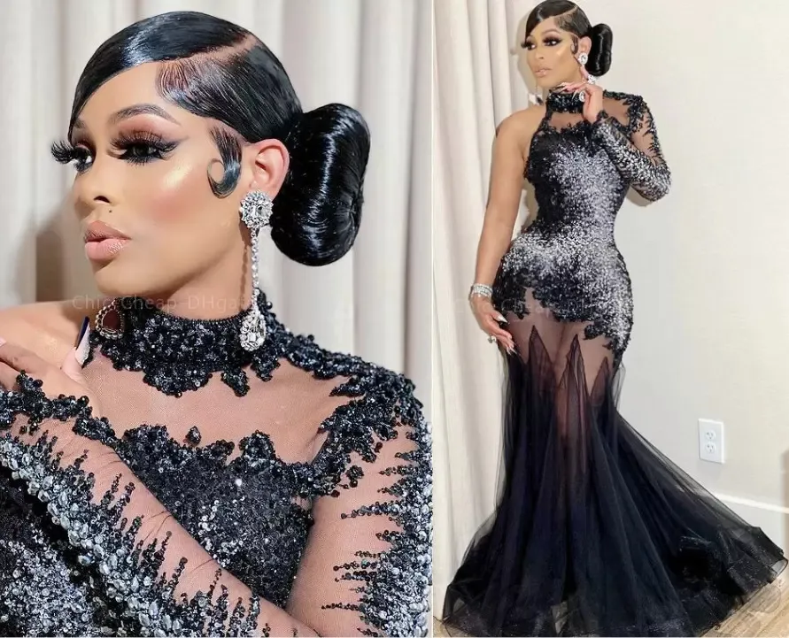 Sexy Aso Ebi Mermaid Black Prom Dresses Plus Size Lace Beaded Crystals Evening Formal Party Second Reception Gowns Dress