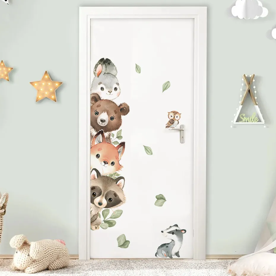 Wall Decor Cartoon Door Stickers Forest Animals Bear Rabbit Watercolor Sticker for Kids Room Baby Nursery Decals Home 230411