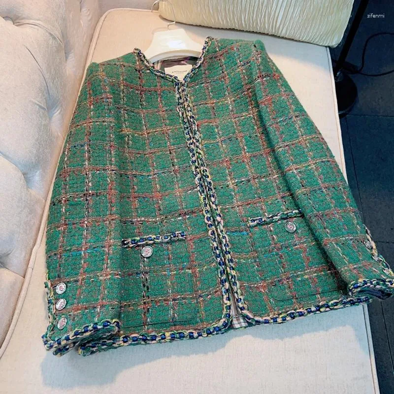 Женские куртки в стиле старых денег, женские винтажные зеленые клетчатые куртки на осень 2023 года, шерстяные пальто, роскошный дизайнер Abrigo Invierno Mujer