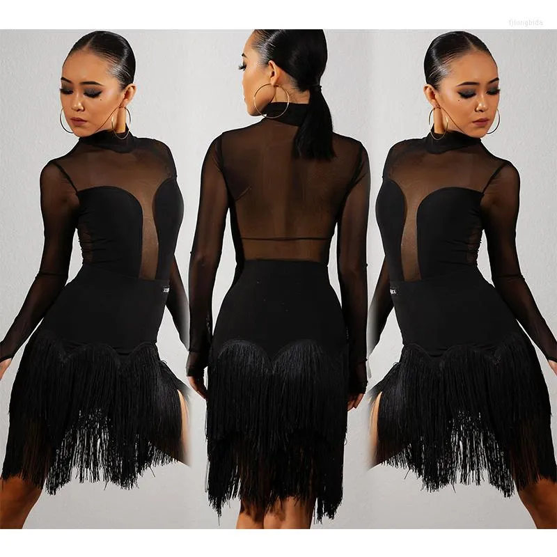 Stage Wear 2023 Latin Dance Dress Women Practice Clothing Leopard Sexy Mesh Tops Skirt Performance Costume Fringe DNV17369