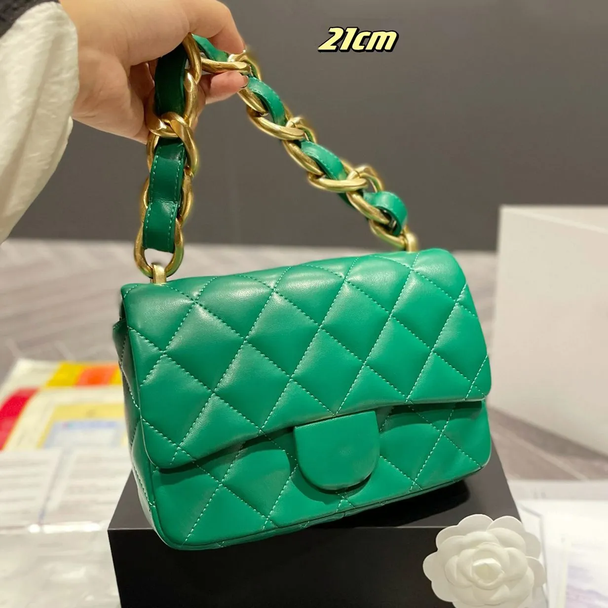 Trendy Bold Chain Flap Bag Calfskin Quilted Plaid Mini Handbag From
