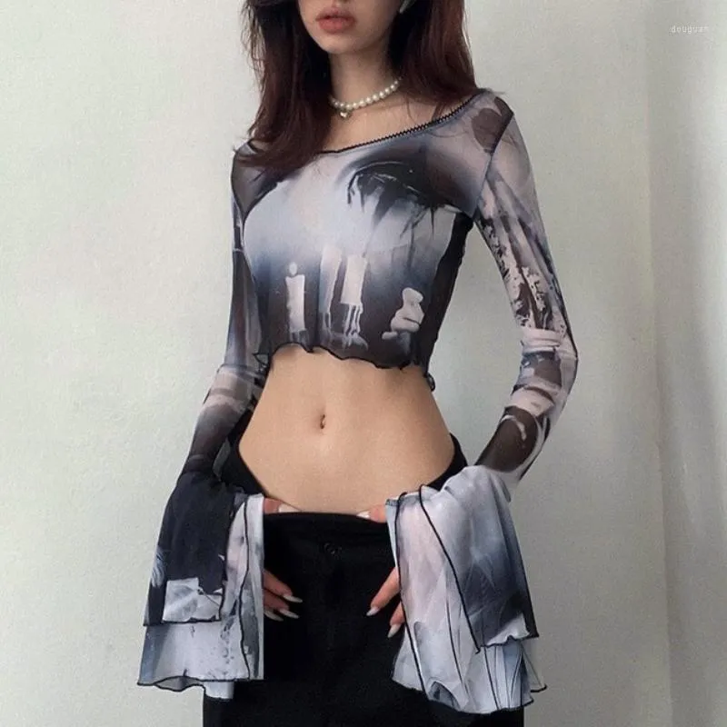 T-shirt da donna T-shirt da donna Crop Top Gothic Flare Sleeve See Through T-shirt Emo Sexy Streetwear Punk Estetico Stampa Y2k Abbigliamento Grunge