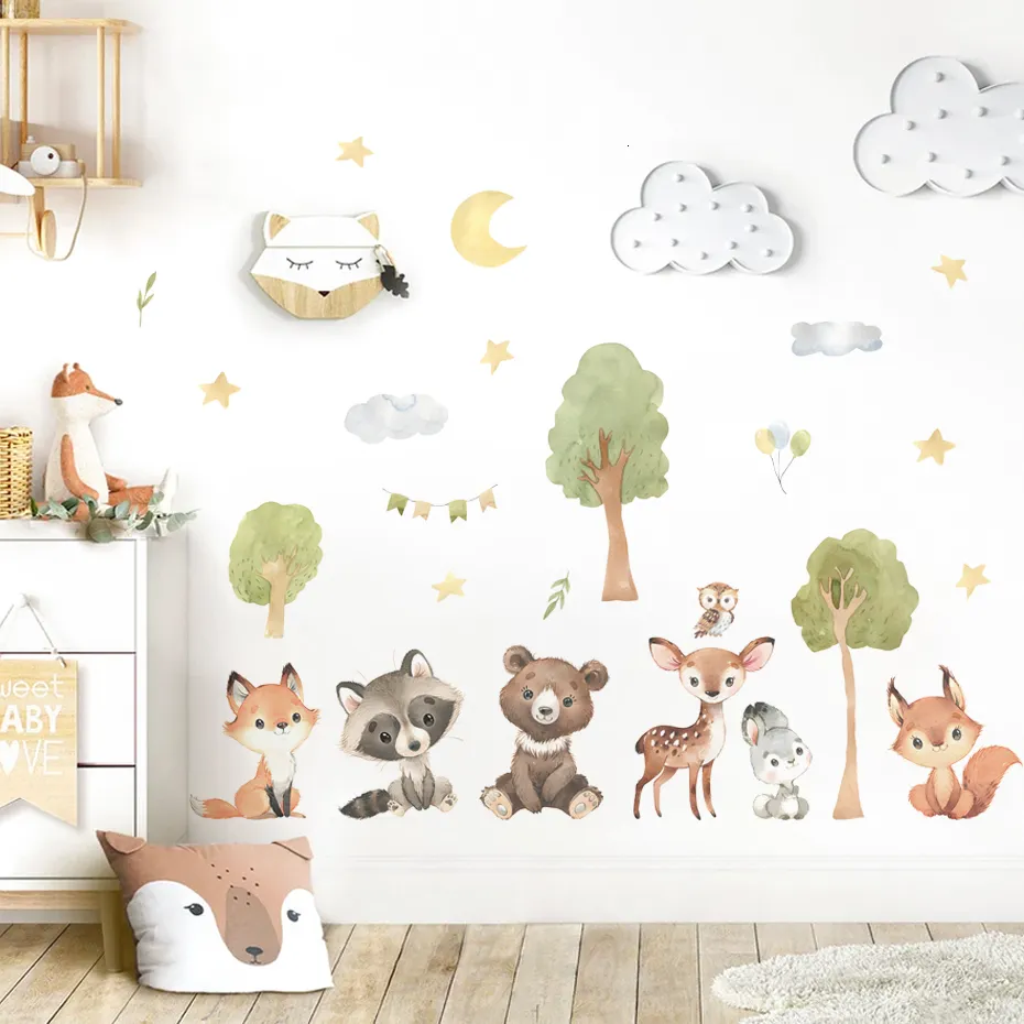 Wall Decor Cartoon Forest Animals Decal for Baby Room Rabbit Bear Watercolor Sticker Children's Nursery Home 230411