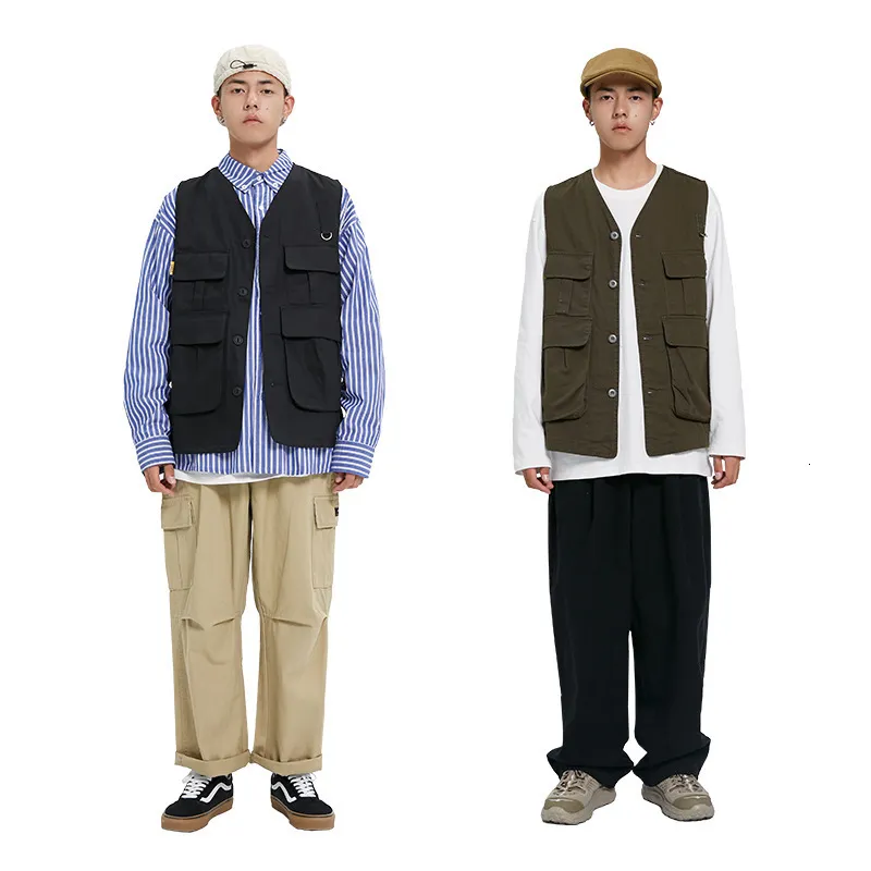 Men Vests V-neck Sleeveless Single Breasted Thin Safari Style Pockets Retro intage Loose Hip Hop Chic Ulzzang Handsome Fashion