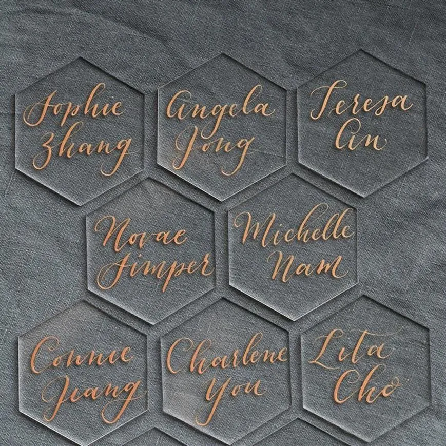 Cartes de voeux 20pcs Clear Acrylique Hexagone Blank Place Feuille découpée au laser Carreaux unis Décoration de mariage pour numéros de table Nom d'invité 2145