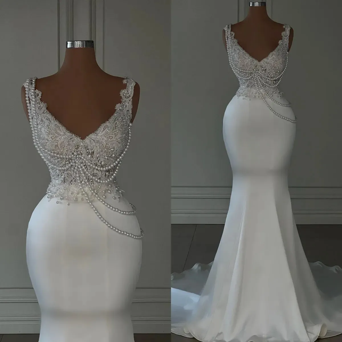 Elegant Pearls Mermaid Wedding Dresses Lace Appliqued Beaded V Neck Bridal Gowns Satin Custom Made Vestidos De Novia Estidos Estidos