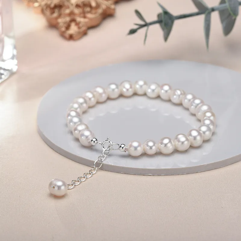 Chain AA White 6-7mm Freshwater Odlat 6-8mm Pearl Armband Charms 925 Sterling Silver Pearl Armband för Women Girls Ladies 230412