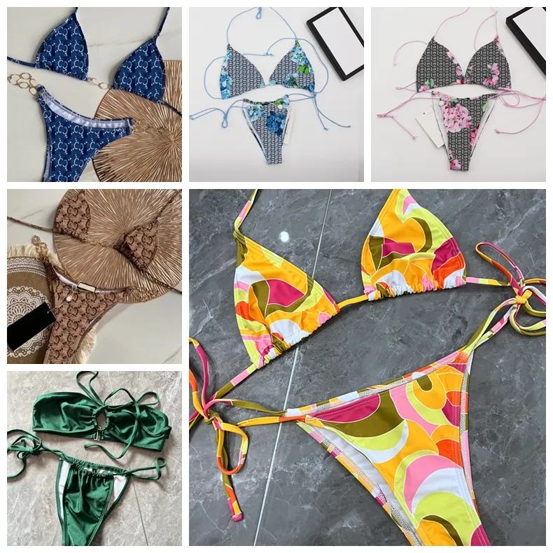 Sommar snörning rem bikini set kvinnor sexiga baddräkter mode broderare stickad baddräkt metall knutna badkläder