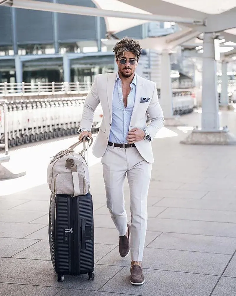 Garnitury męskie letnie lniane kości słoniowej męże mens niestandardowy ślub Slim Fit dwa przyciski Partię PROM BUSING MAN TUXEDO Blazer 2 sztuki garnitur dla mężczyzn