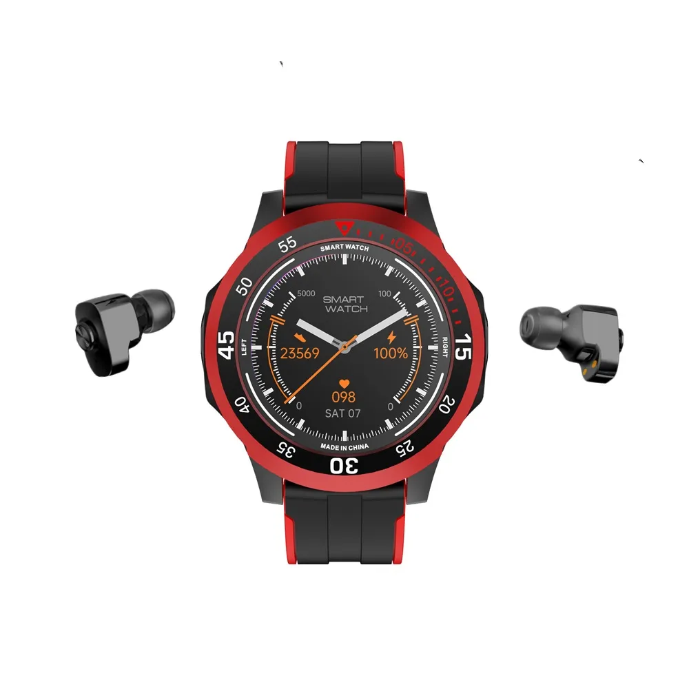 2 en 1 Android Sport Smart Watch Hombres GirlsTWS Auricular Bluetooth Ritmo cardíaco Presión arterial Rastreador de ejercicios Pantalla táctil IOS Reloj de lujo inalámbrico TF 64GB Mp3 Foto