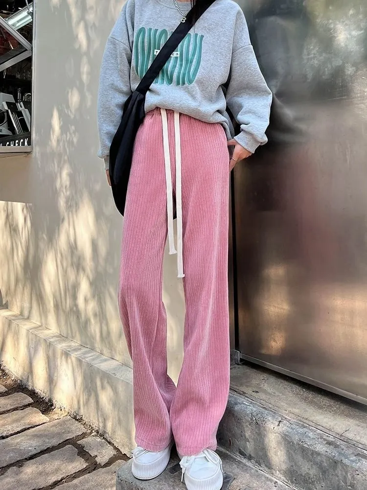 Winter Velvet High Waist Lace Up Pants For Women Korean Loose Sweatpants  With Wide Leg And Straight Fit Warm Long Ladies Cord Trousers Style #230412  From Mang02, $8.67