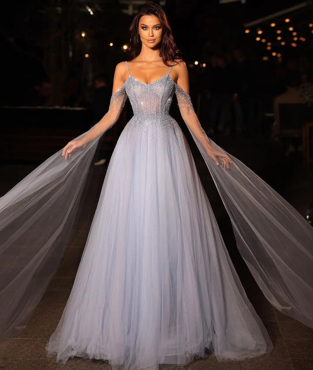 Blue A-line Prom Dresses Long Sleeves V Neck Straps Appliques Sequins Floor Length Lace Rufflles Beaded Diamonds Evening Dress Bridal Gowns Plus Size Custom Made